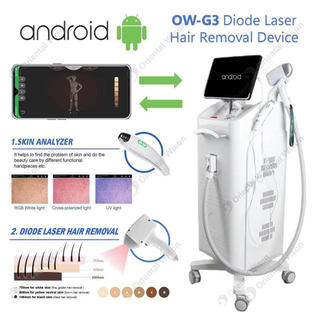 Android System Diode Laser Hair Removal Machine med hudanalysator